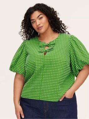 kate spade Green Puff Sleeve Keyhole Tie Blouse